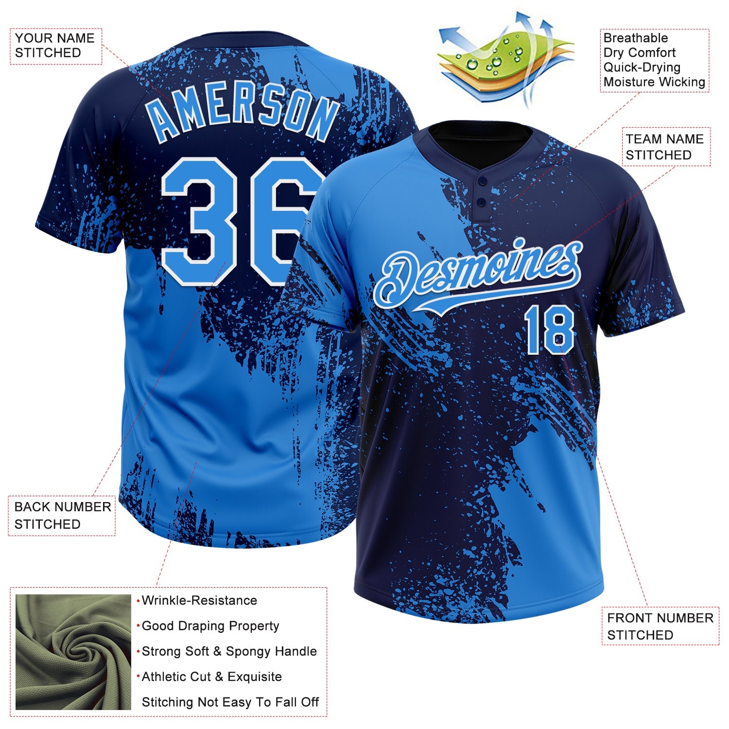 Custom Electric Blue Navy-White 3D Pattern Abstract Brush Stroke Two-Button Unisex Softball Jersey