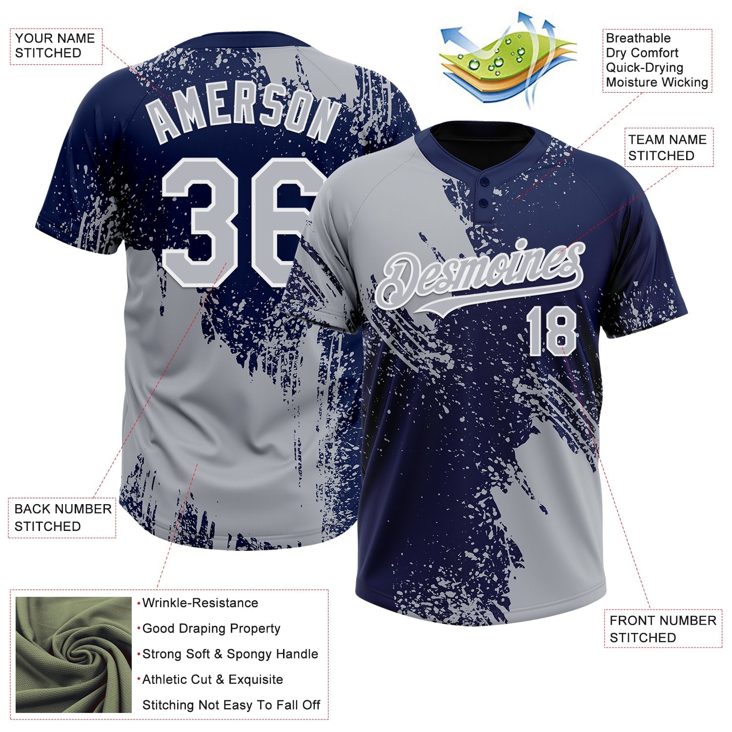 Custom Gray Navy-White 3D Pattern Abstract Brush Stroke Two-Button Unisex Softball Jersey