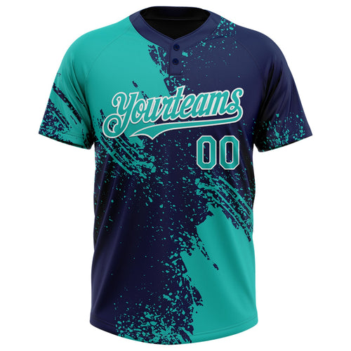 Custom Aqua Navy-White 3D Pattern Abstract Brush Stroke Two-Button Unisex Softball Jersey