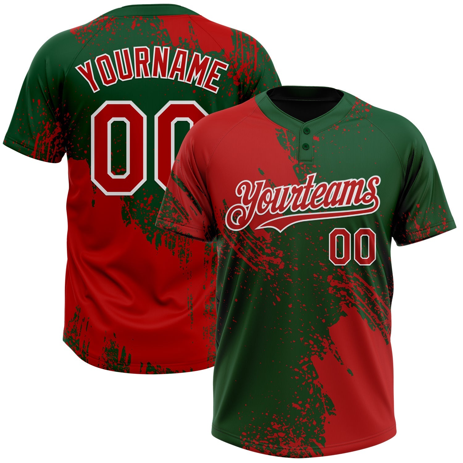 Custom Red Green-White 3D Pattern Abstract Brush Stroke Two-Button Unisex Softball Jersey