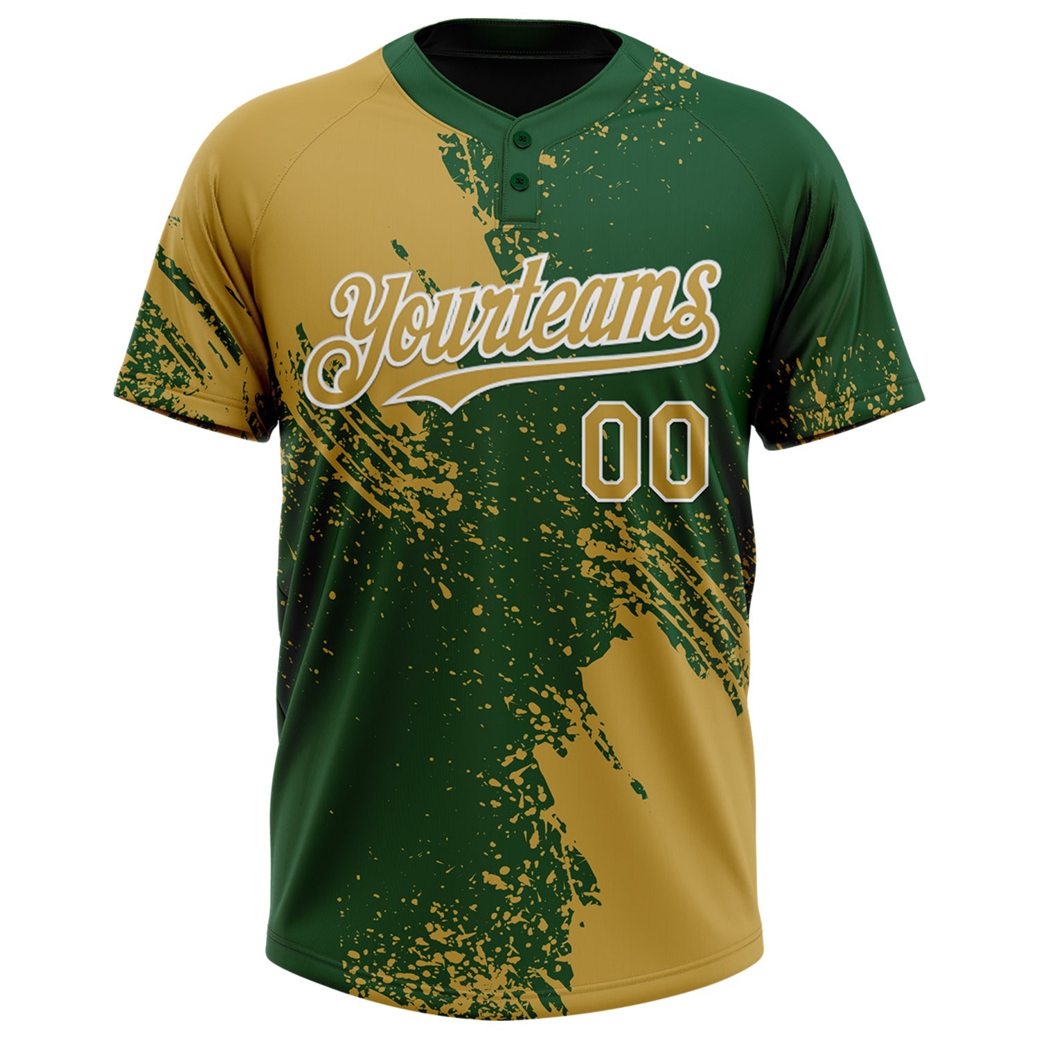 Custom Old Gold Green-White 3D Pattern Abstract Brush Stroke Two-Button Unisex Softball Jersey