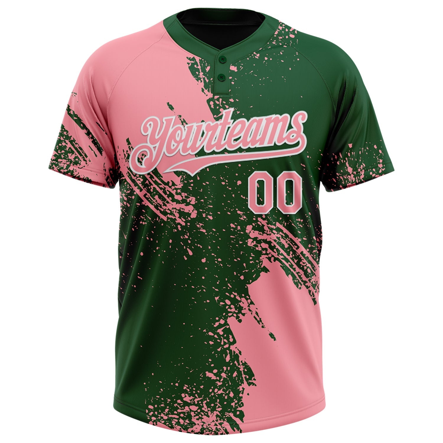 Custom Medium Pink Green-White 3D Pattern Abstract Brush Stroke Two-Button Unisex Softball Jersey
