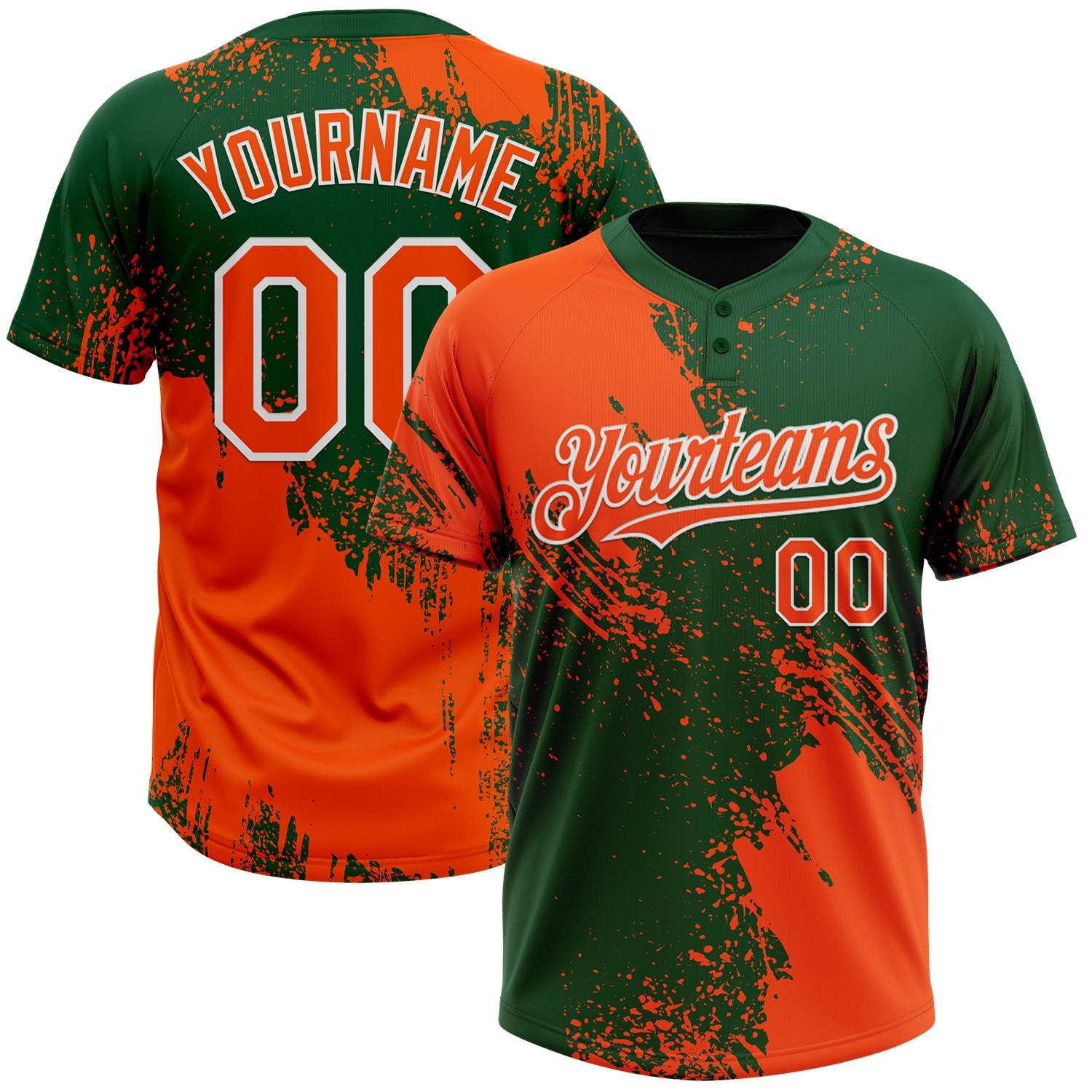 Custom Orange Green-White 3D Pattern Abstract Brush Stroke Two-Button Unisex Softball Jersey