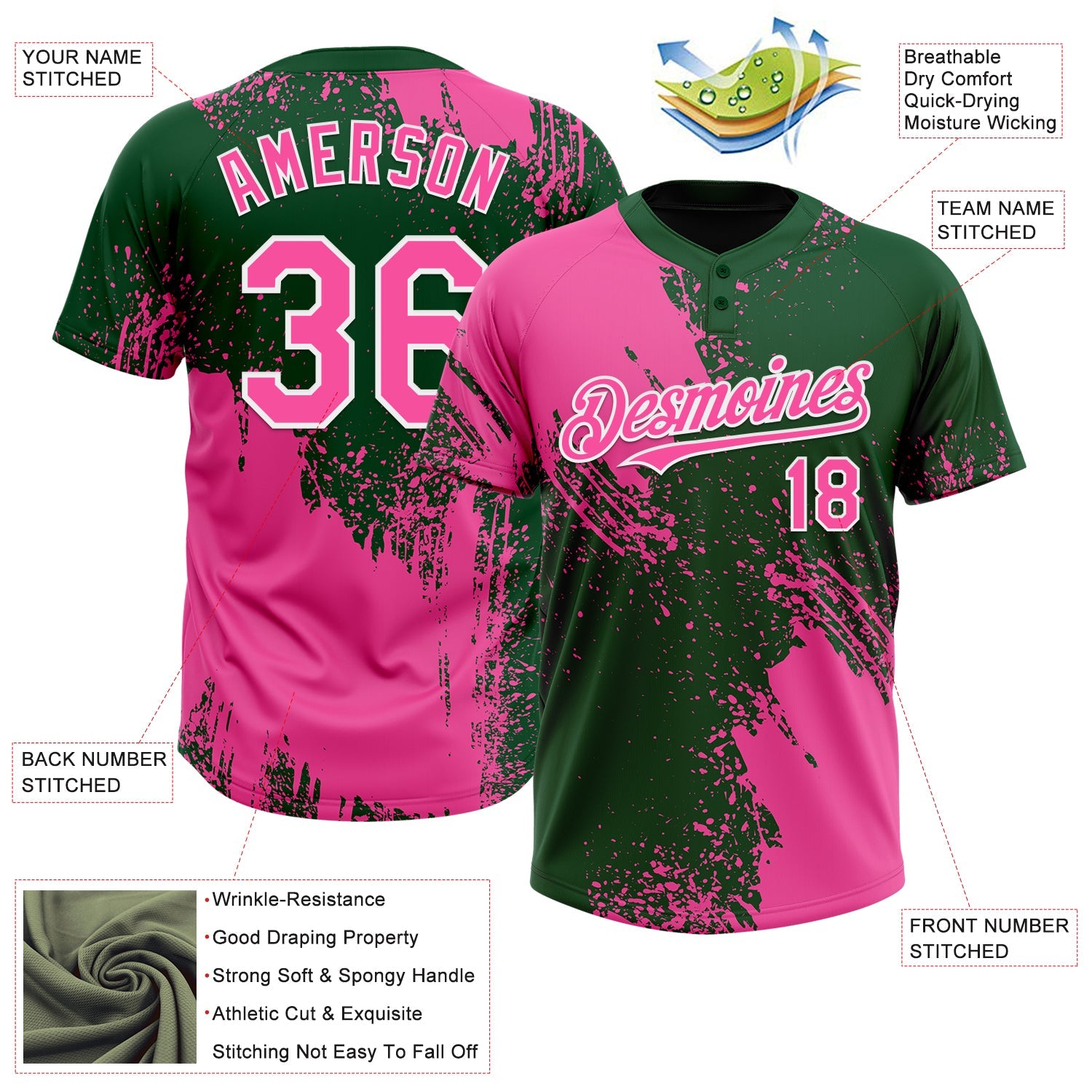 Custom Pink Green-White 3D Pattern Abstract Brush Stroke Two-Button Unisex Softball Jersey