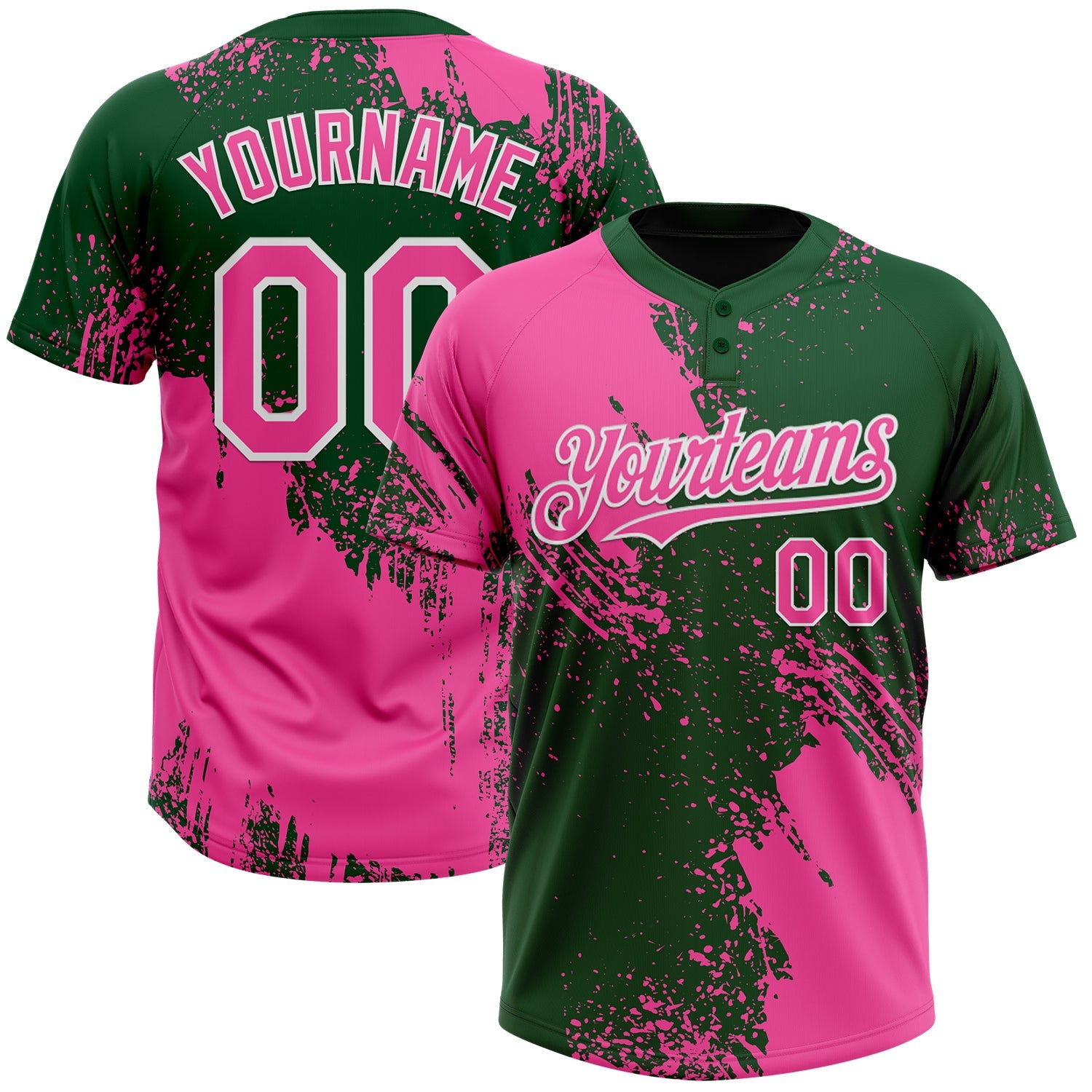 Custom Pink Green-White 3D Pattern Abstract Brush Stroke Two-Button Unisex Softball Jersey