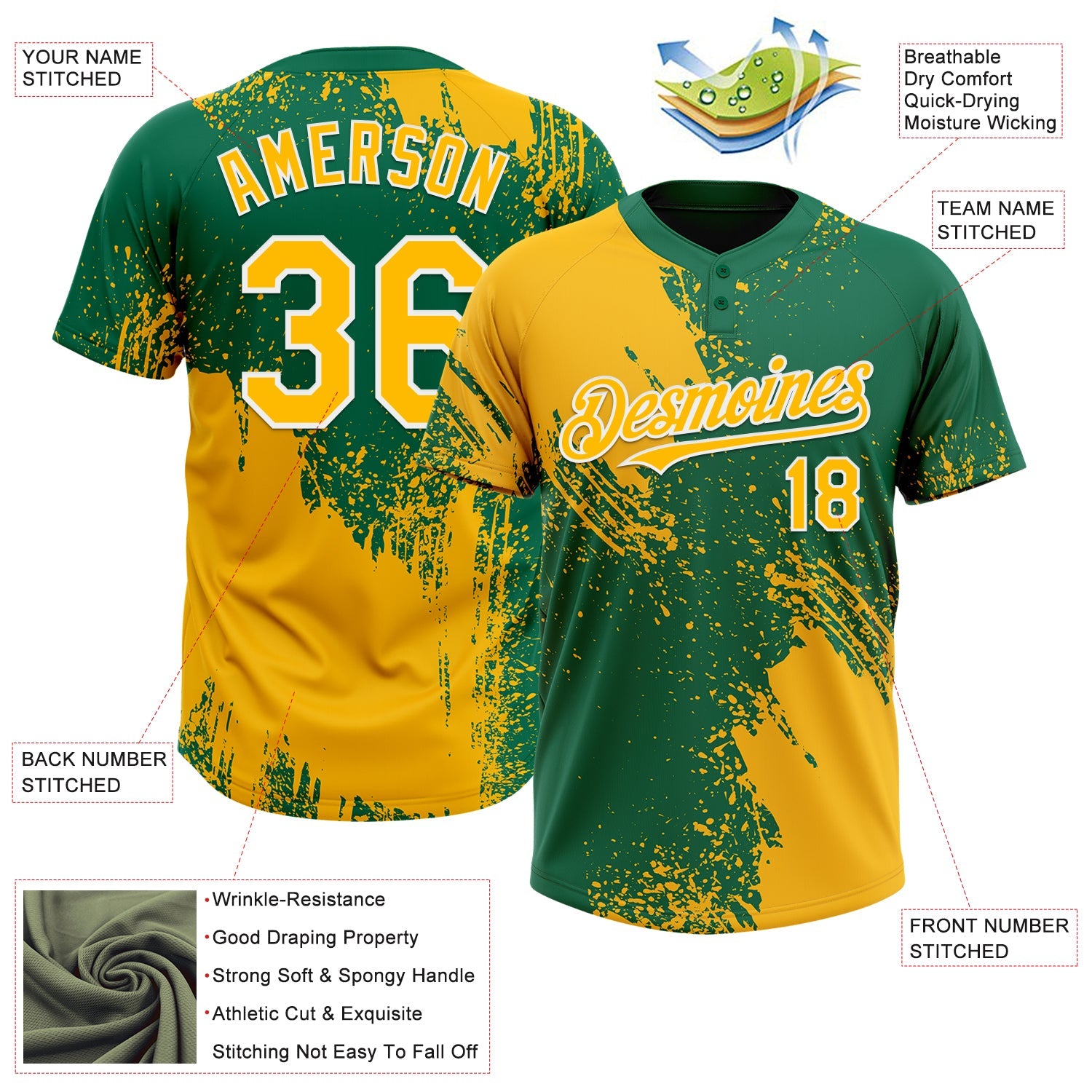 Custom Gold Kelly Green-White 3D Pattern Abstract Brush Stroke Two-Button Unisex Softball Jersey