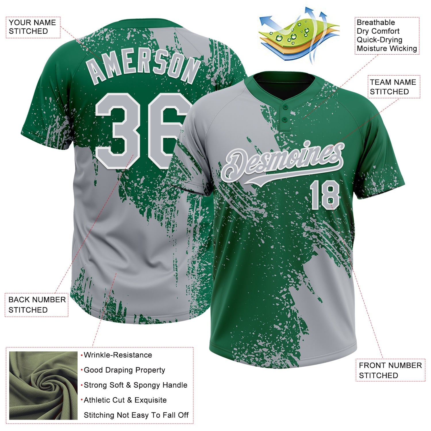 Custom Gray Kelly Green-White 3D Pattern Abstract Brush Stroke Two-Button Unisex Softball Jersey