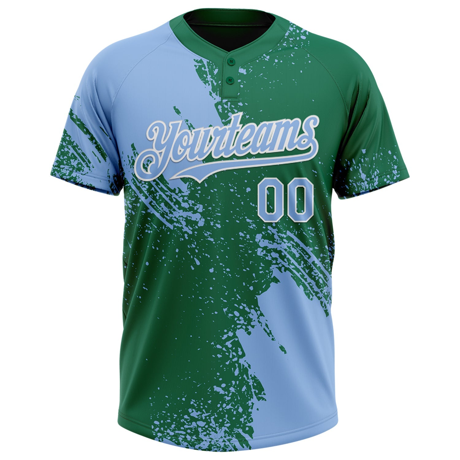 Custom Light Blue Kelly Green-White 3D Pattern Abstract Brush Stroke Two-Button Unisex Softball Jersey