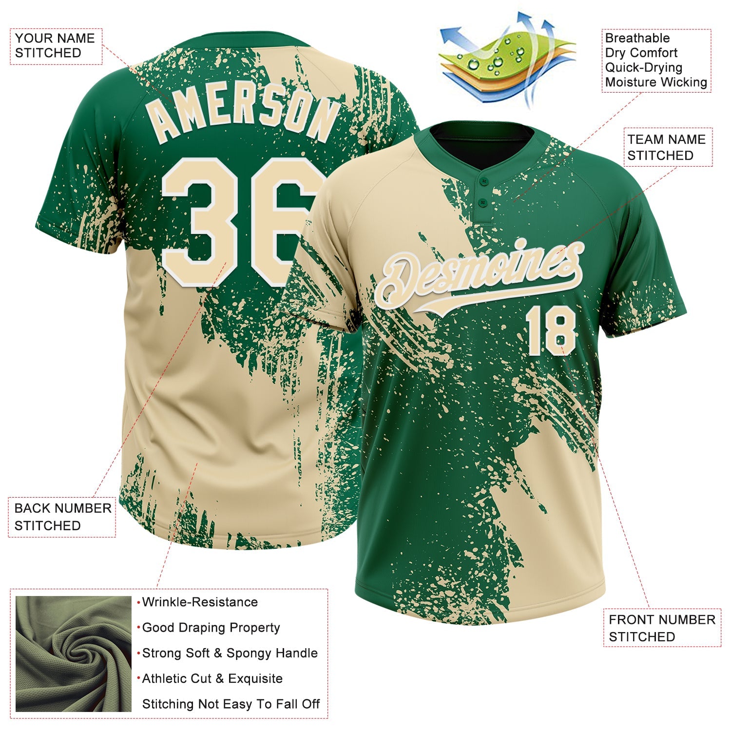 Custom Cream Kelly Green-White 3D Pattern Abstract Brush Stroke Two-Button Unisex Softball Jersey