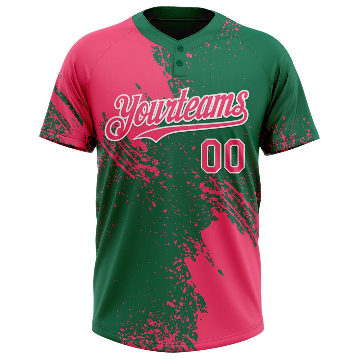 Custom Neon Pink Kelly Green-White 3D Pattern Abstract Brush Stroke Two-Button Unisex Softball Jersey
