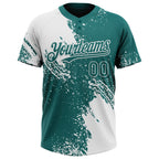 Custom White Teal 3D Pattern Abstract Brush Stroke Two-Button Unisex Softball Jersey