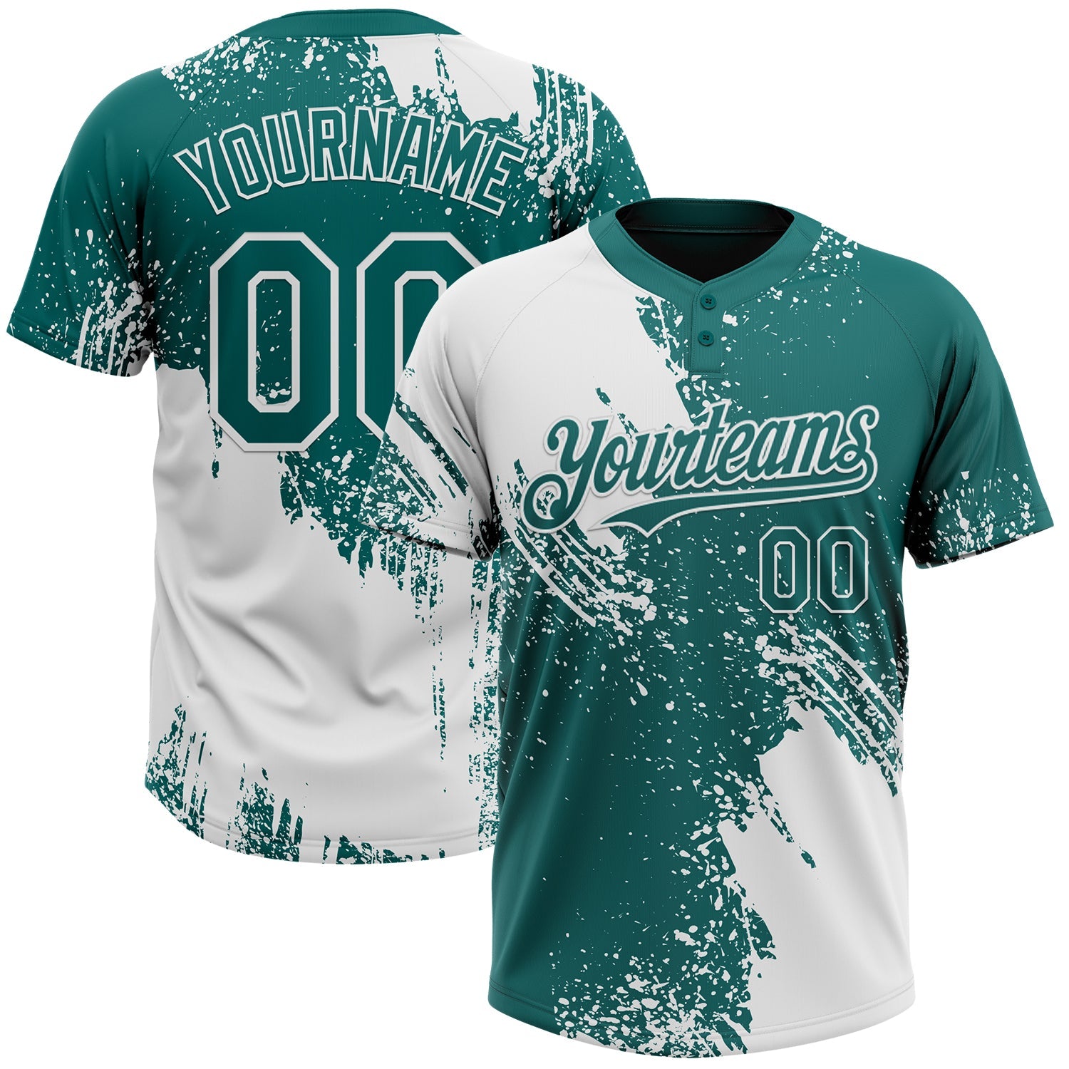 Custom White Teal 3D Pattern Abstract Brush Stroke Two-Button Unisex Softball Jersey