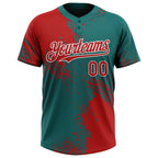 Custom Red Teal-White 3D Pattern Abstract Brush Stroke Two-Button Unisex Softball Jersey