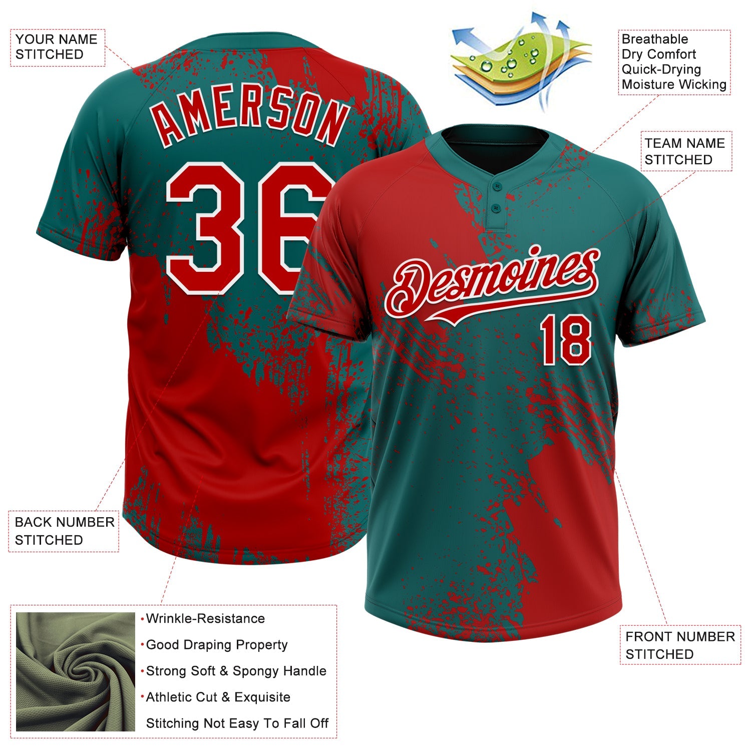 Custom Red Teal-White 3D Pattern Abstract Brush Stroke Two-Button Unisex Softball Jersey