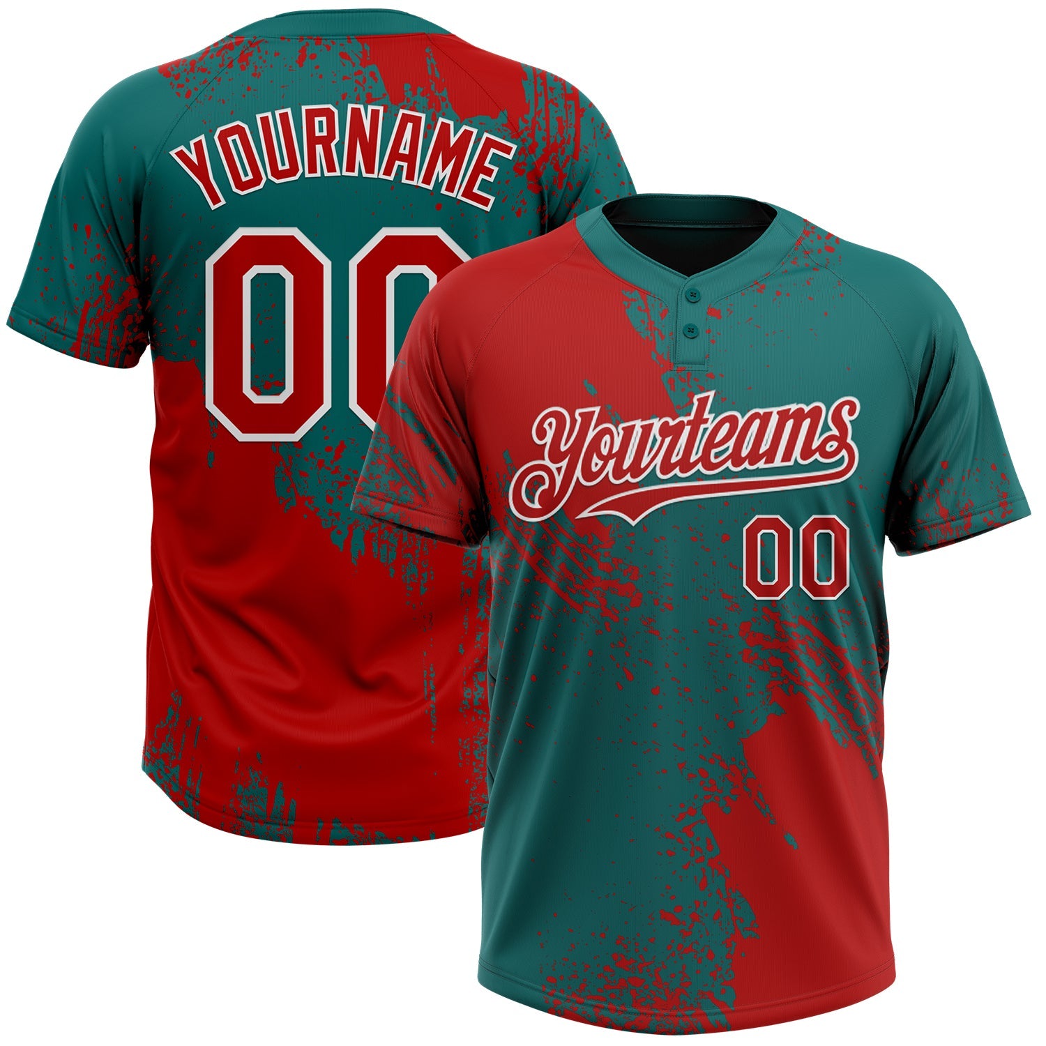Custom Red Teal-White 3D Pattern Abstract Brush Stroke Two-Button Unisex Softball Jersey