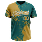 Custom Old Gold Teal-White 3D Pattern Abstract Brush Stroke Two-Button Unisex Softball Jersey