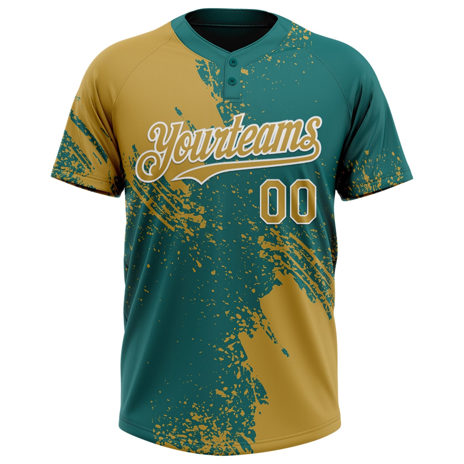Custom Old Gold Teal-White 3D Pattern Abstract Brush Stroke Two-Button Unisex Softball Jersey