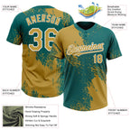 Custom Old Gold Teal-White 3D Pattern Abstract Brush Stroke Two-Button Unisex Softball Jersey