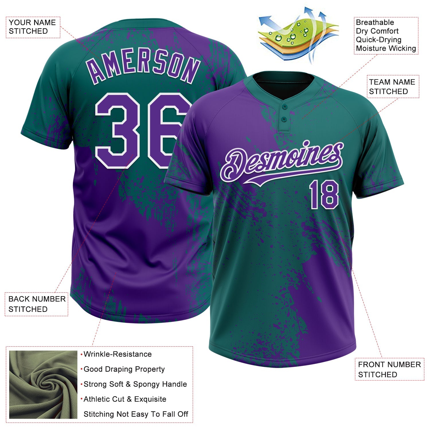 Custom Purple Teal-White 3D Pattern Abstract Brush Stroke Two-Button Unisex Softball Jersey