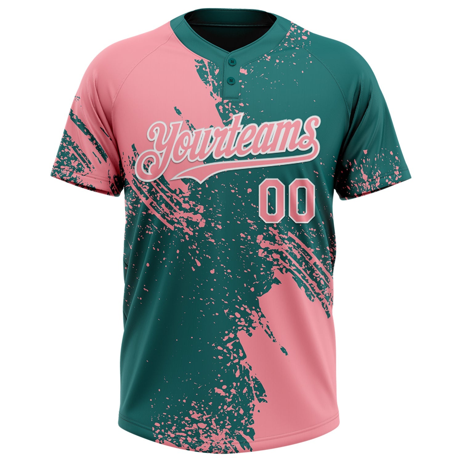 Custom Medium Pink Teal-White 3D Pattern Abstract Brush Stroke Two-Button Unisex Softball Jersey