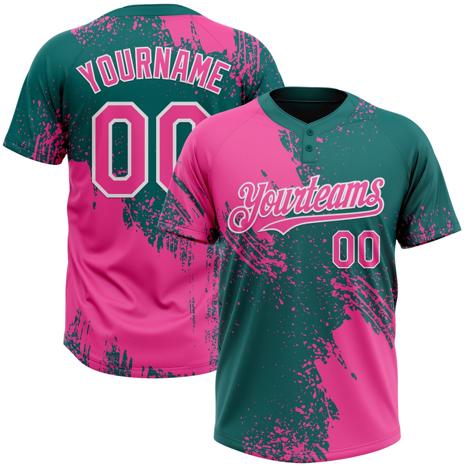 Custom Pink Teal-White 3D Pattern Abstract Brush Stroke Two-Button Unisex Softball Jersey