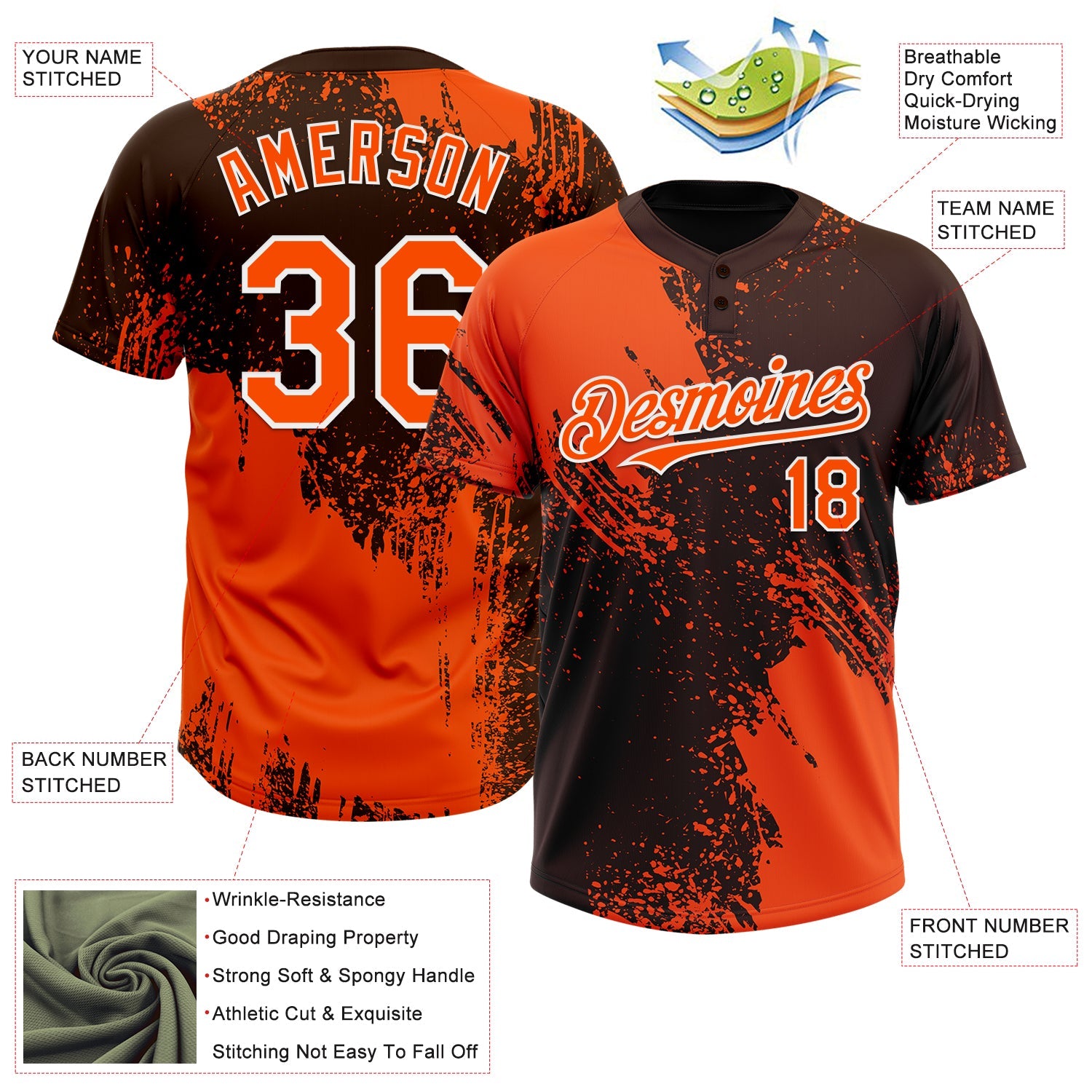 Custom Orange Brown-White 3D Pattern Abstract Brush Stroke Two-Button Unisex Softball Jersey