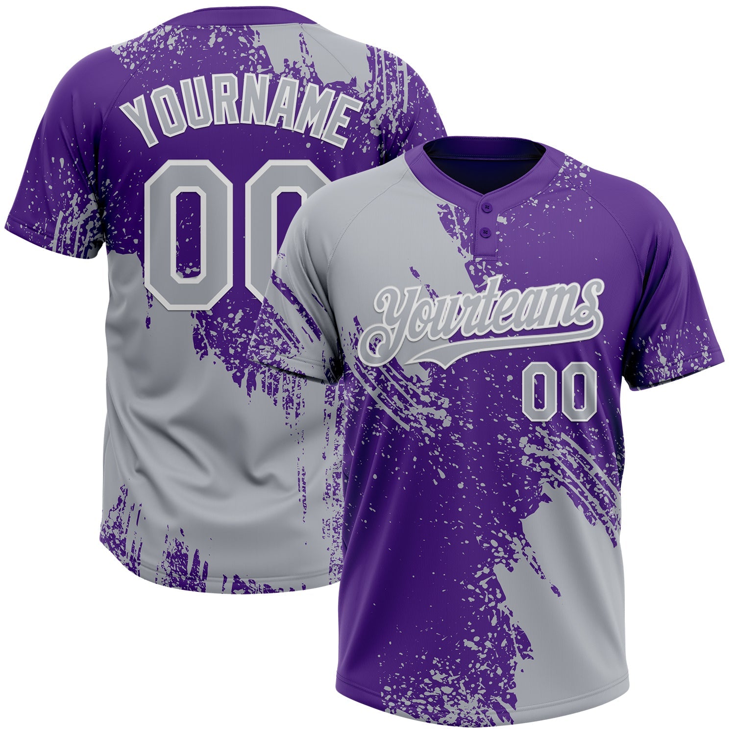 Custom Gray Purple-White 3D Pattern Abstract Brush Stroke Two-Button Unisex Softball Jersey