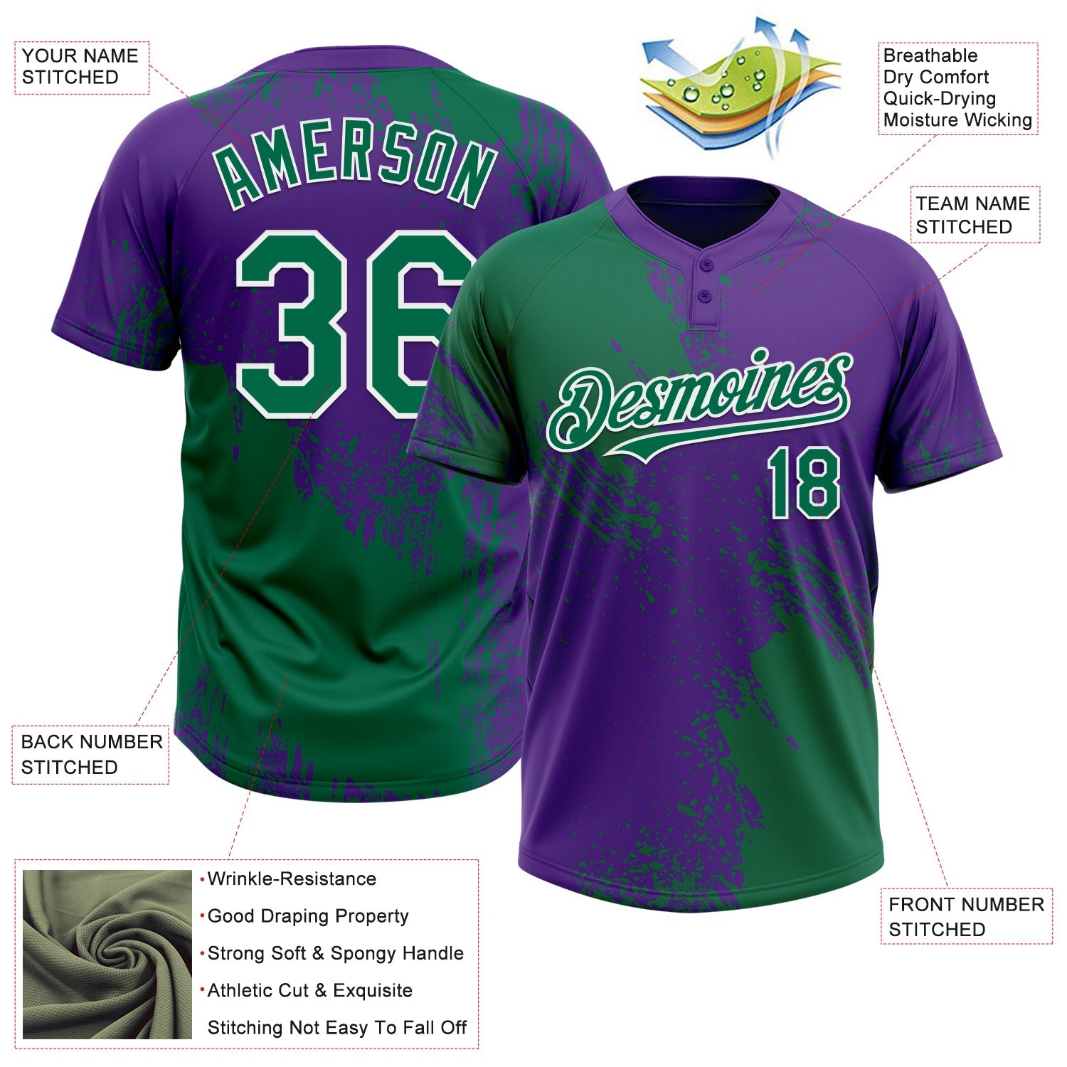 Custom Kelly Green Purple-White 3D Pattern Abstract Brush Stroke Two-Button Unisex Softball Jersey