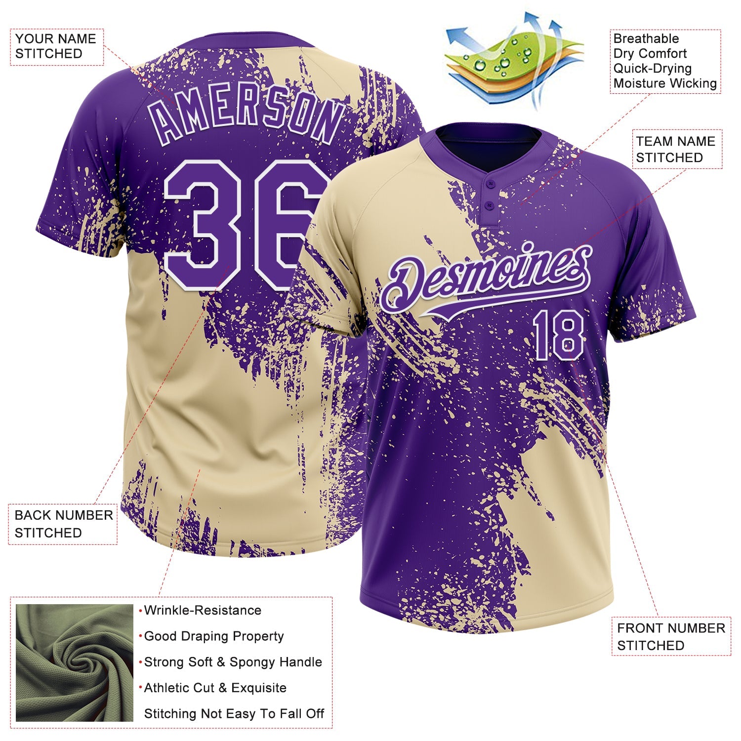 Custom Cream Purple-White 3D Pattern Abstract Brush Stroke Two-Button Unisex Softball Jersey