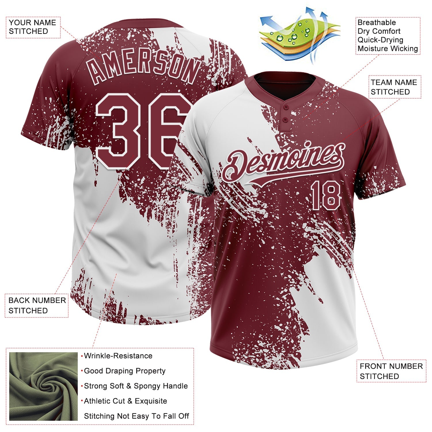 Custom White Burgundy 3D Pattern Abstract Brush Stroke Two-Button Unisex Softball Jersey