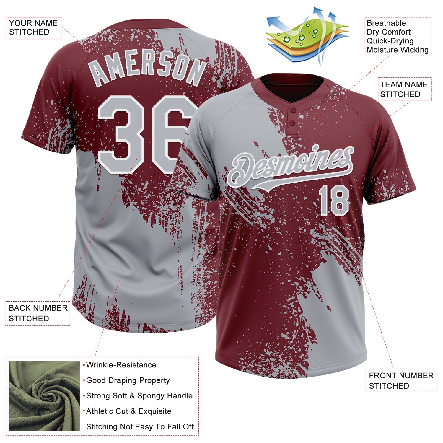 Custom Gray Burgundy-White 3D Pattern Abstract Brush Stroke Two-Button Unisex Softball Jersey