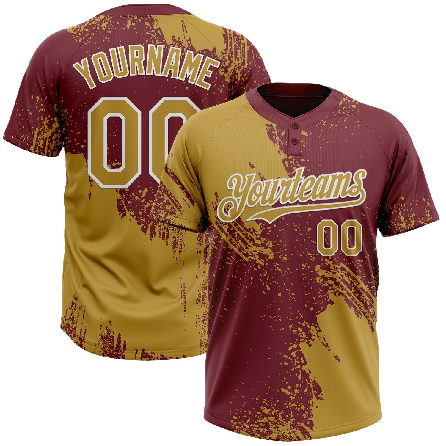 Custom Old Gold Burgundy-White 3D Pattern Abstract Brush Stroke Two-Button Unisex Softball Jersey