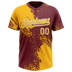 Custom Gold Burgundy-White 3D Pattern Abstract Brush Stroke Two-Button Unisex Softball Jersey