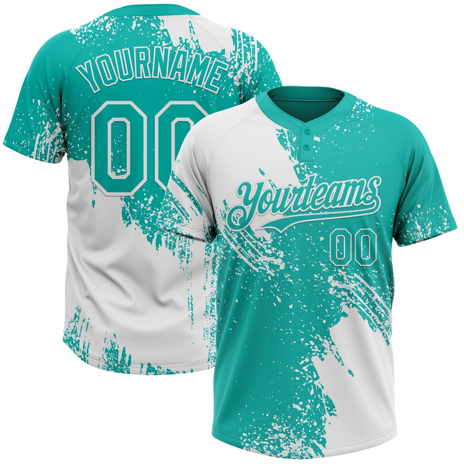 Custom White Aqua 3D Pattern Abstract Brush Stroke Two-Button Unisex Softball Jersey