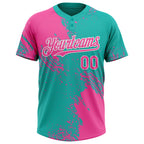 Custom Pink Aqua-White 3D Pattern Abstract Brush Stroke Two-Button Unisex Softball Jersey