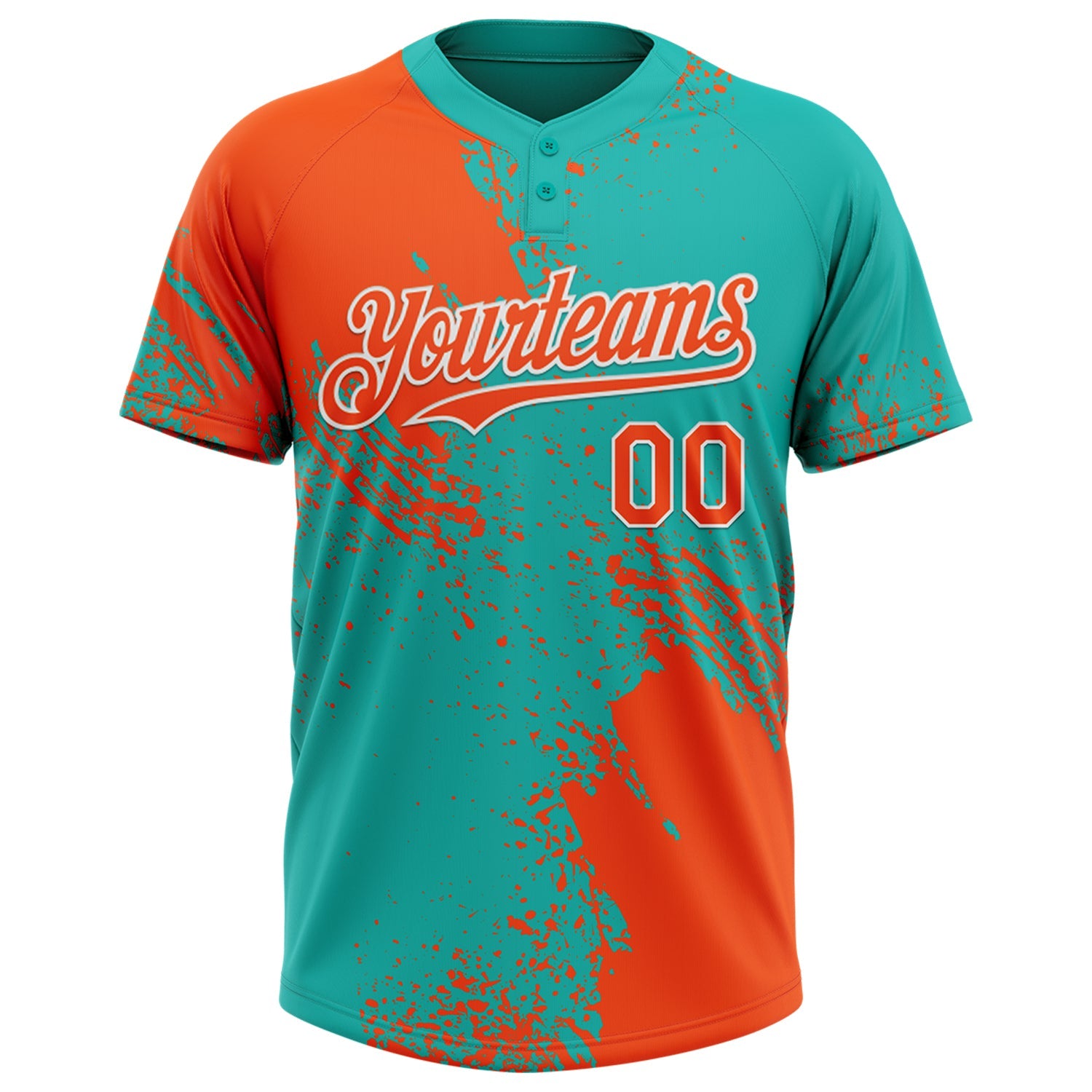 Custom Orange Aqua-White 3D Pattern Abstract Brush Stroke Two-Button Unisex Softball Jersey