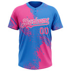 Custom Pink Electric Blue-White 3D Pattern Abstract Brush Stroke Two-Button Unisex Softball Jersey