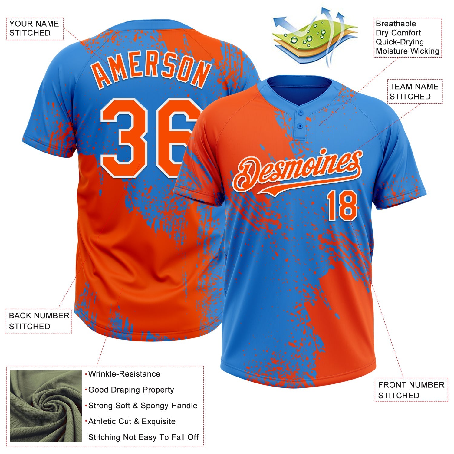 Custom Orange Electric Blue-White 3D Pattern Abstract Brush Stroke Two-Button Unisex Softball Jersey