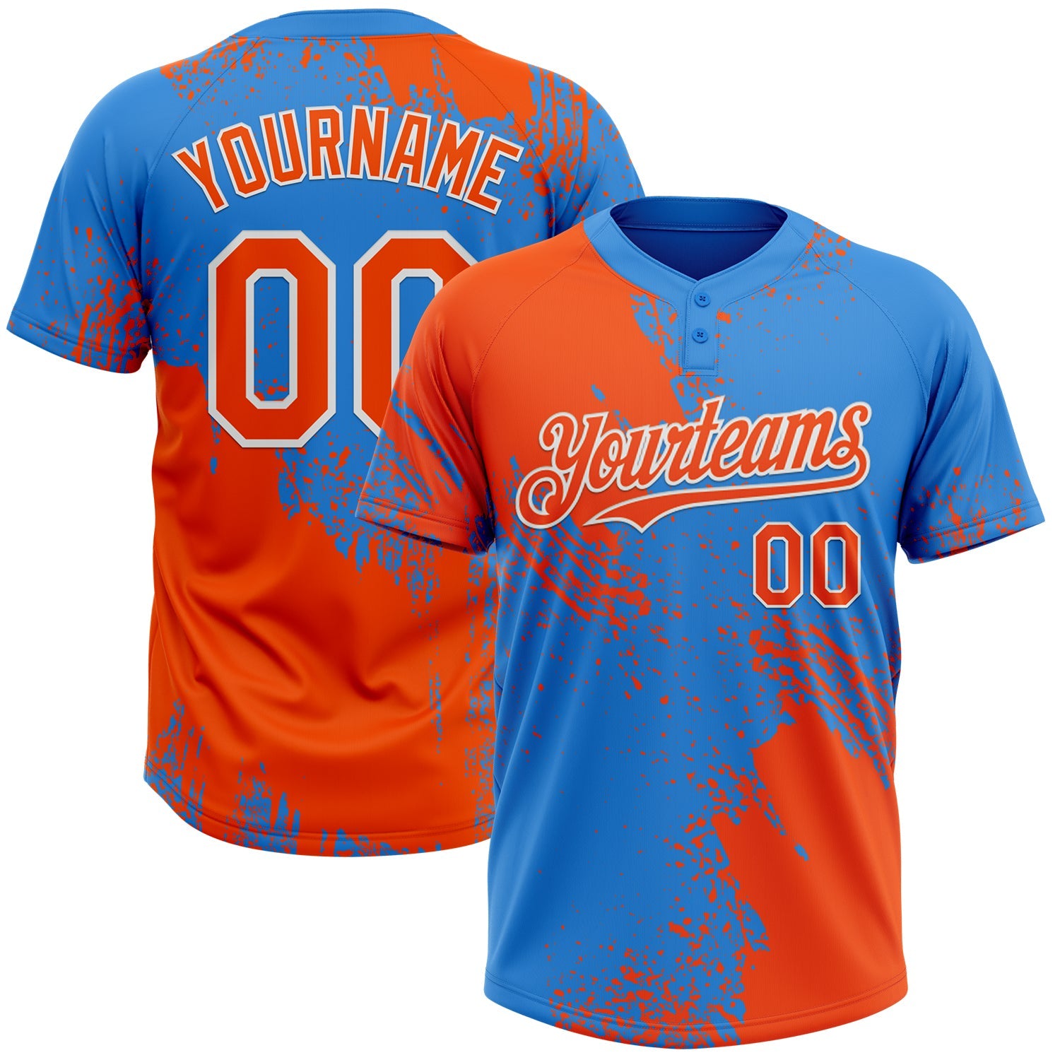 Custom Orange Electric Blue-White 3D Pattern Abstract Brush Stroke Two-Button Unisex Softball Jersey