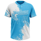 Custom White Sky Blue 3D Pattern Abstract Brush Stroke Two-Button Unisex Softball Jersey