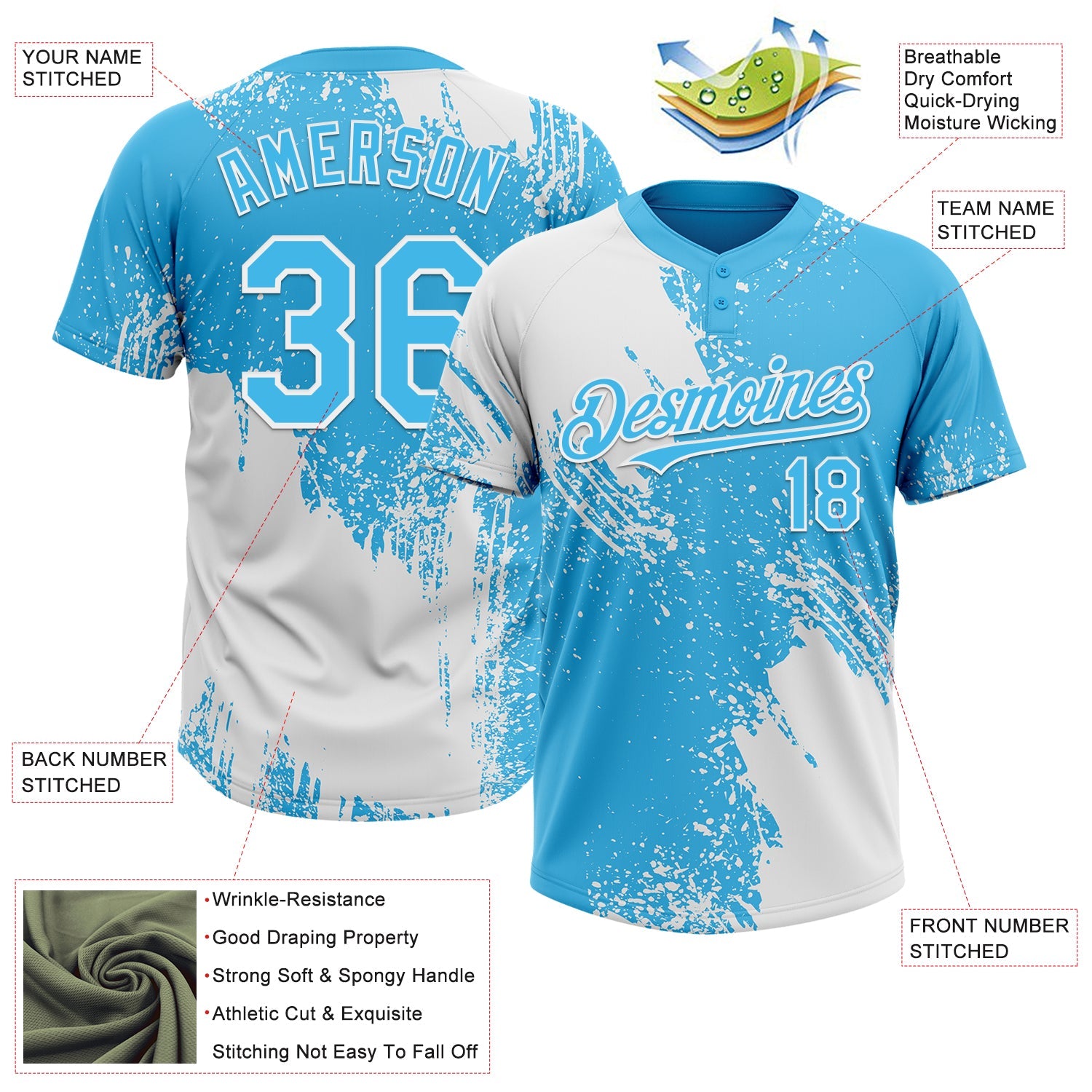 Custom White Sky Blue 3D Pattern Abstract Brush Stroke Two-Button Unisex Softball Jersey