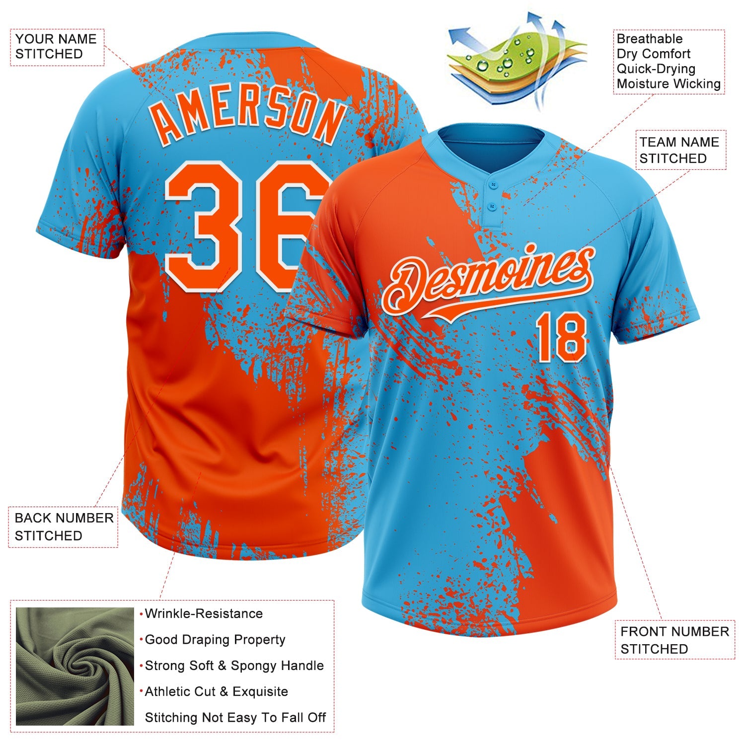 Custom Orange Sky Blue-White 3D Pattern Abstract Brush Stroke Two-Button Unisex Softball Jersey