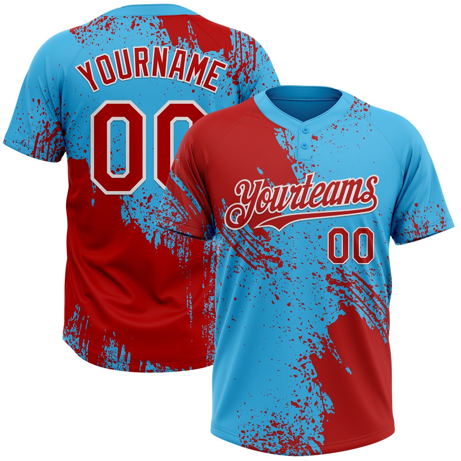 Custom Red Sky Blue-White 3D Pattern Abstract Brush Stroke Two-Button Unisex Softball Jersey