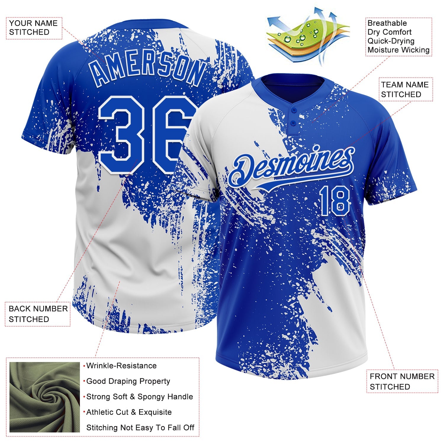 Custom White Thunder Blue 3D Pattern Abstract Brush Stroke Two-Button Unisex Softball Jersey