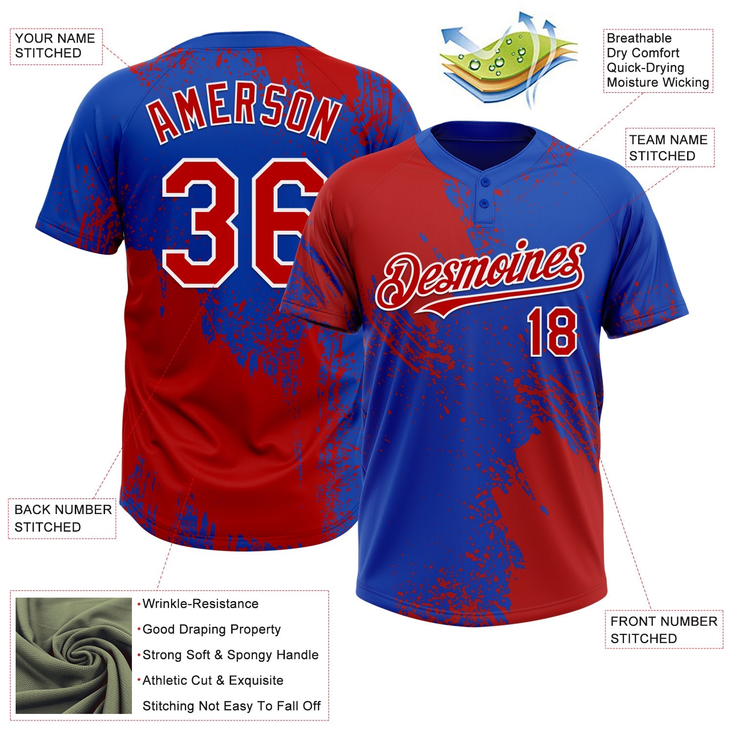 Custom Red Thunder Blue-White 3D Pattern Abstract Brush Stroke Two-Button Unisex Softball Jersey