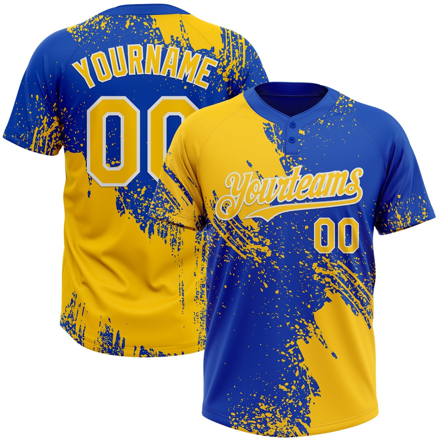 Custom Yellow Thunder Blue-White 3D Pattern Abstract Brush Stroke Two-Button Unisex Softball Jersey