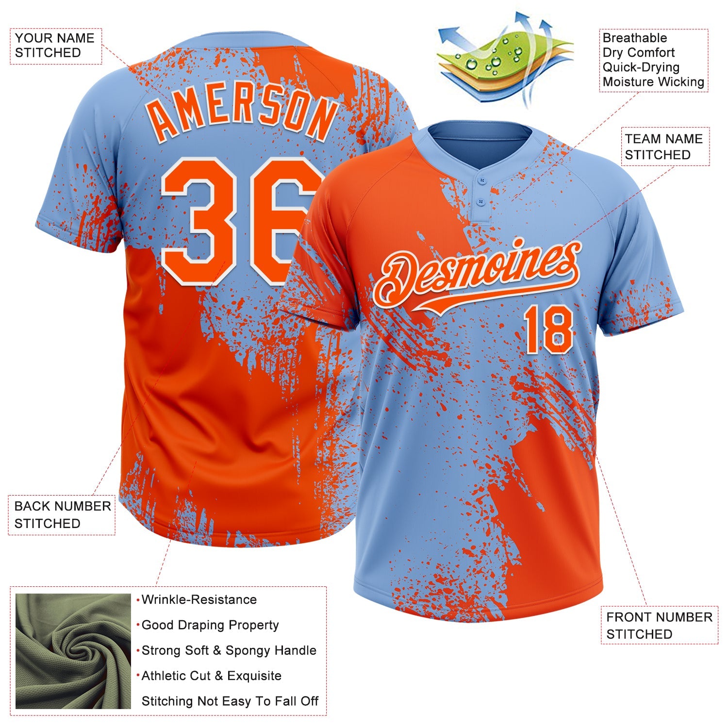 Custom Orange Light Blue-White 3D Pattern Abstract Brush Stroke Two-Button Unisex Softball Jersey