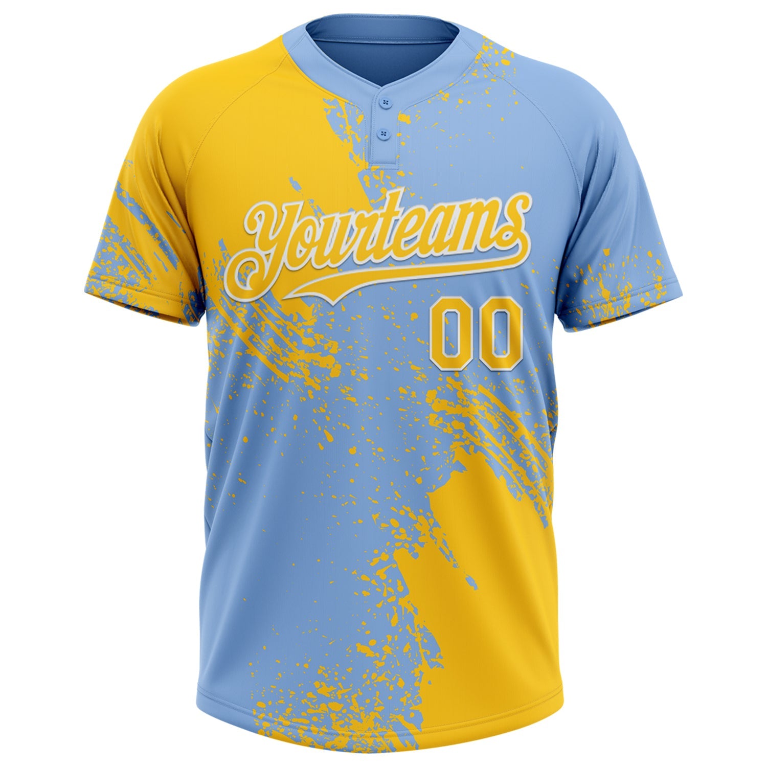 Custom Yellow Light Blue-White 3D Pattern Abstract Brush Stroke Two-Button Unisex Softball Jersey