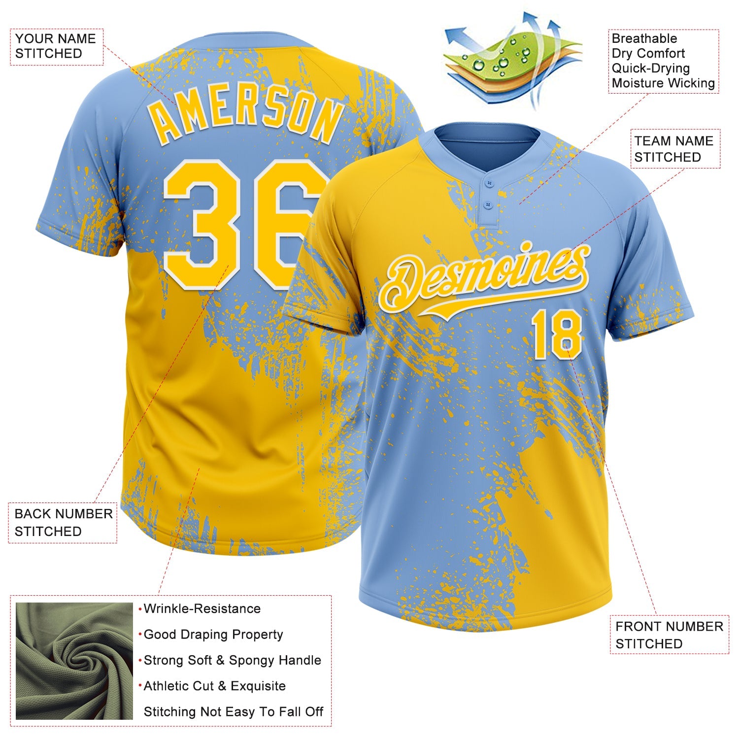 Custom Yellow Light Blue-White 3D Pattern Abstract Brush Stroke Two-Button Unisex Softball Jersey