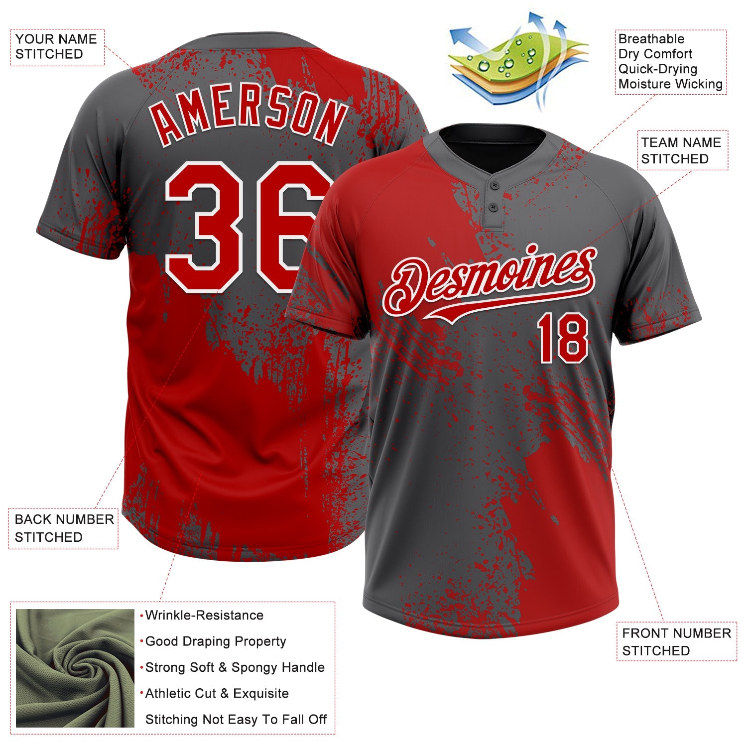 Custom Red Steel Gray-White 3D Pattern Abstract Brush Stroke Two-Button Unisex Softball Jersey